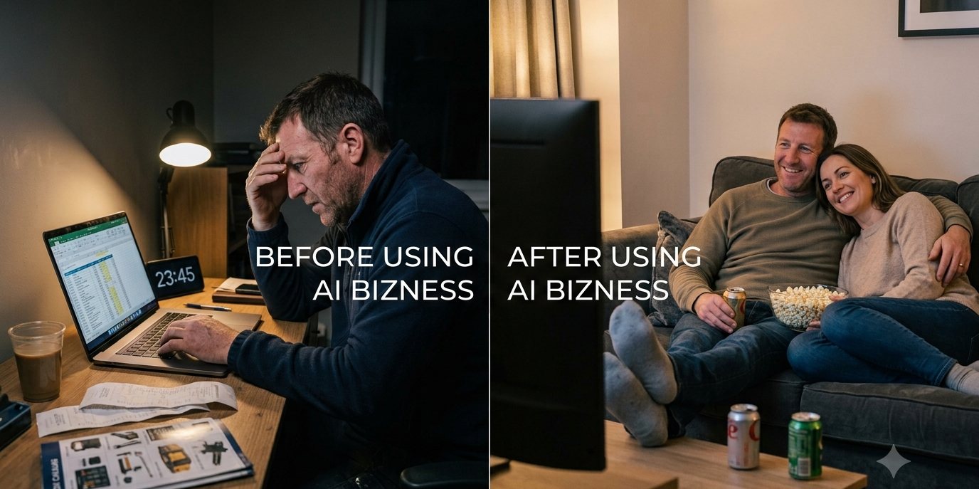 Before: an exhausted owner doing paperwork at 11:45pm. After: the same evening spent on the sofa with his family.