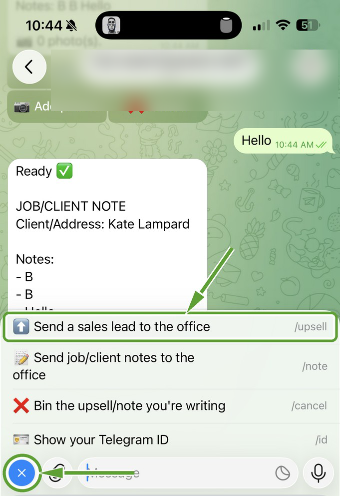 Real Telegram screenshot: agent menu with send a sales lead, send job notes, one-tap options
