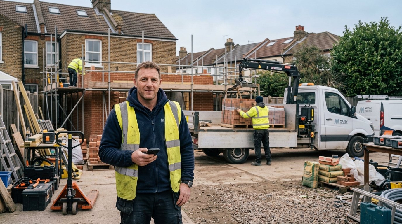 A builder on a residential extension site checking his phone while the crane truck delivers bricks behind him