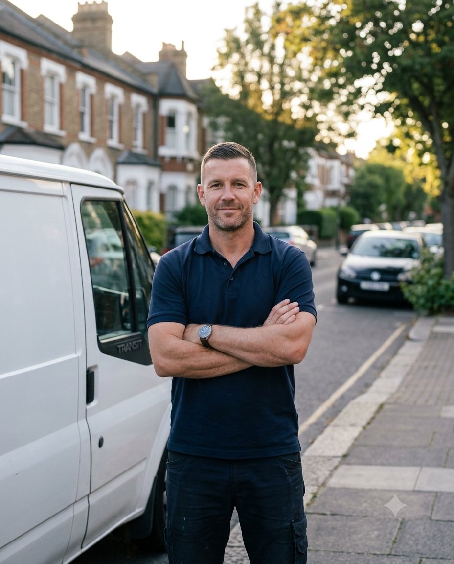 A trade business owner standing relaxed by his van on a London street, phone finally quiet