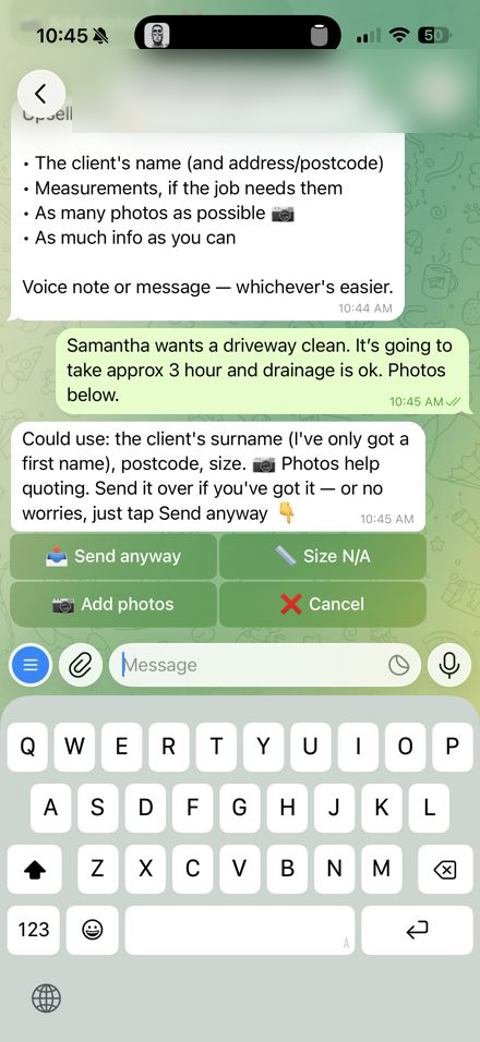 Real Telegram screenshot: completed lead with one-tap Send anyway and Add photos buttons