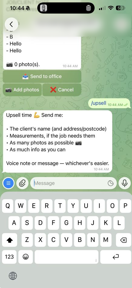 Real Telegram screenshot: upsell flow asking for client name, measurements and photos