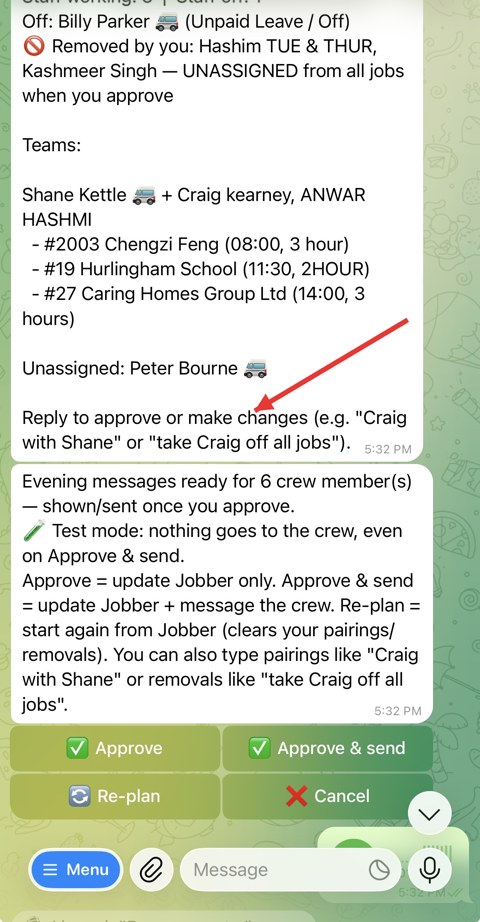 Real Telegram screenshot: tomorrow's team plan built by the agent with Approve, Approve and send, and Re-plan buttons