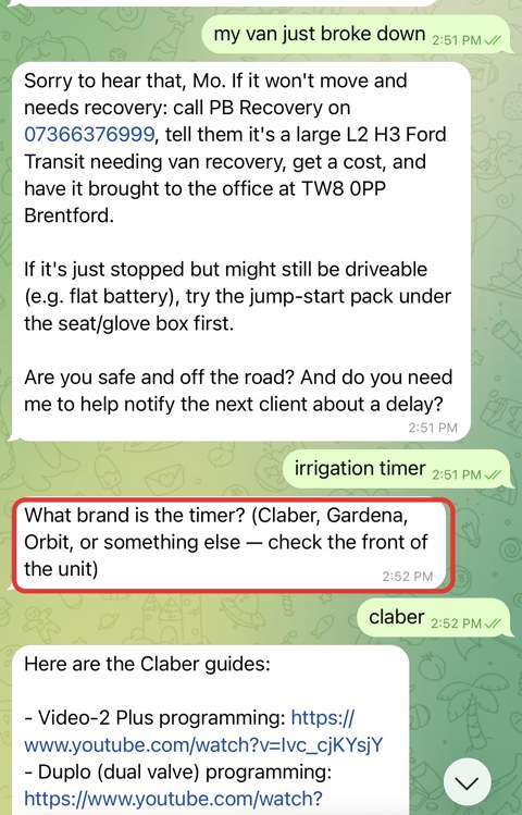 Real Telegram screenshot: van breakdown answered with the recovery procedure, then an irrigation timer question — the agent asks the brand and sends the right guide