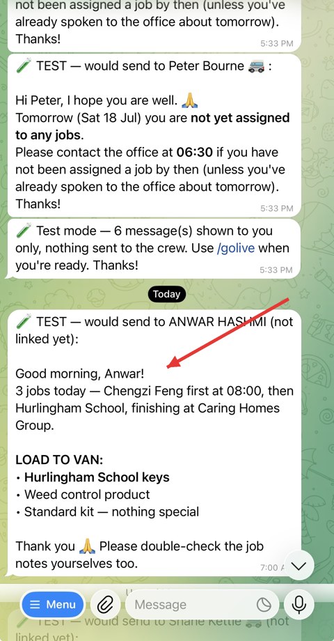 Real Telegram screenshot: the 7am morning brief — three jobs in order and a load-to-van list including client keys
