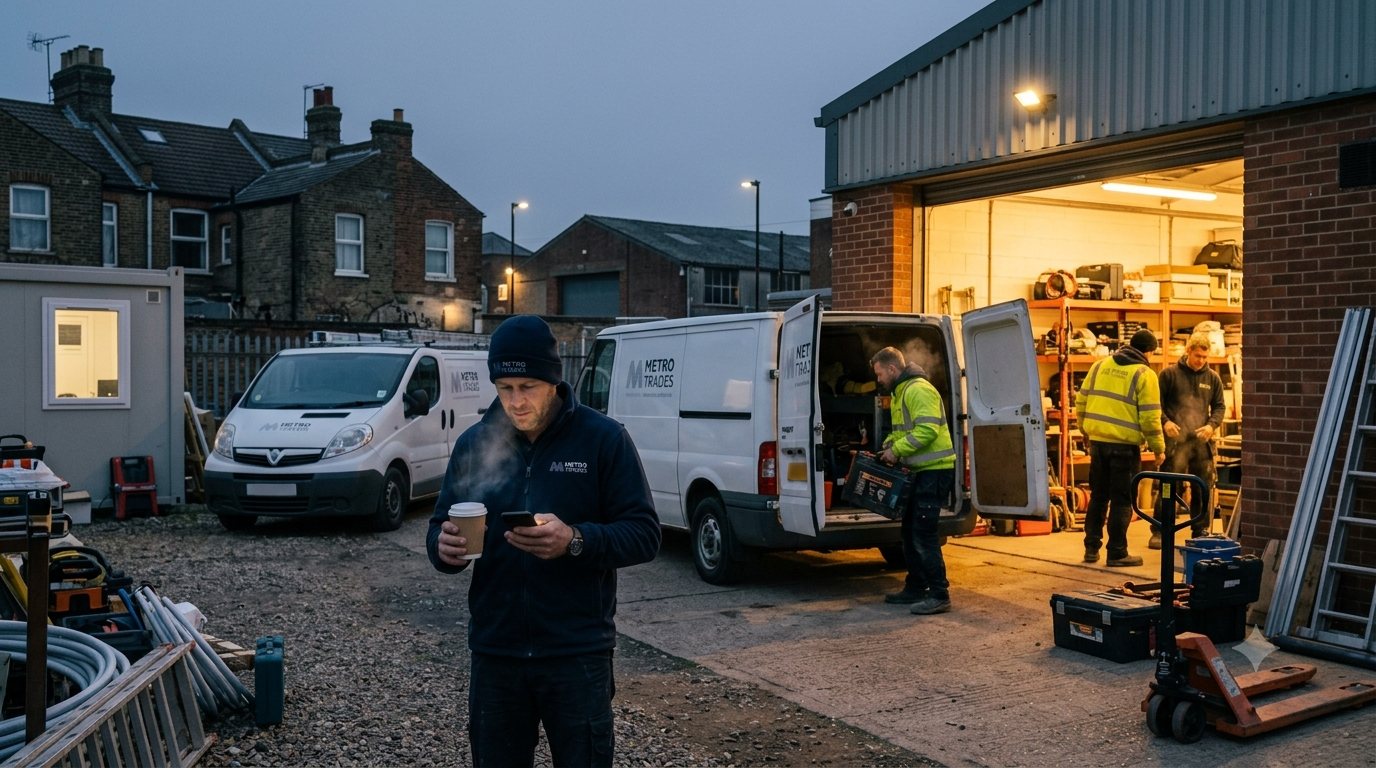 A trade business yard at dawn: vans being loaded, the owner checking the morning briefs on his phone with a coffee